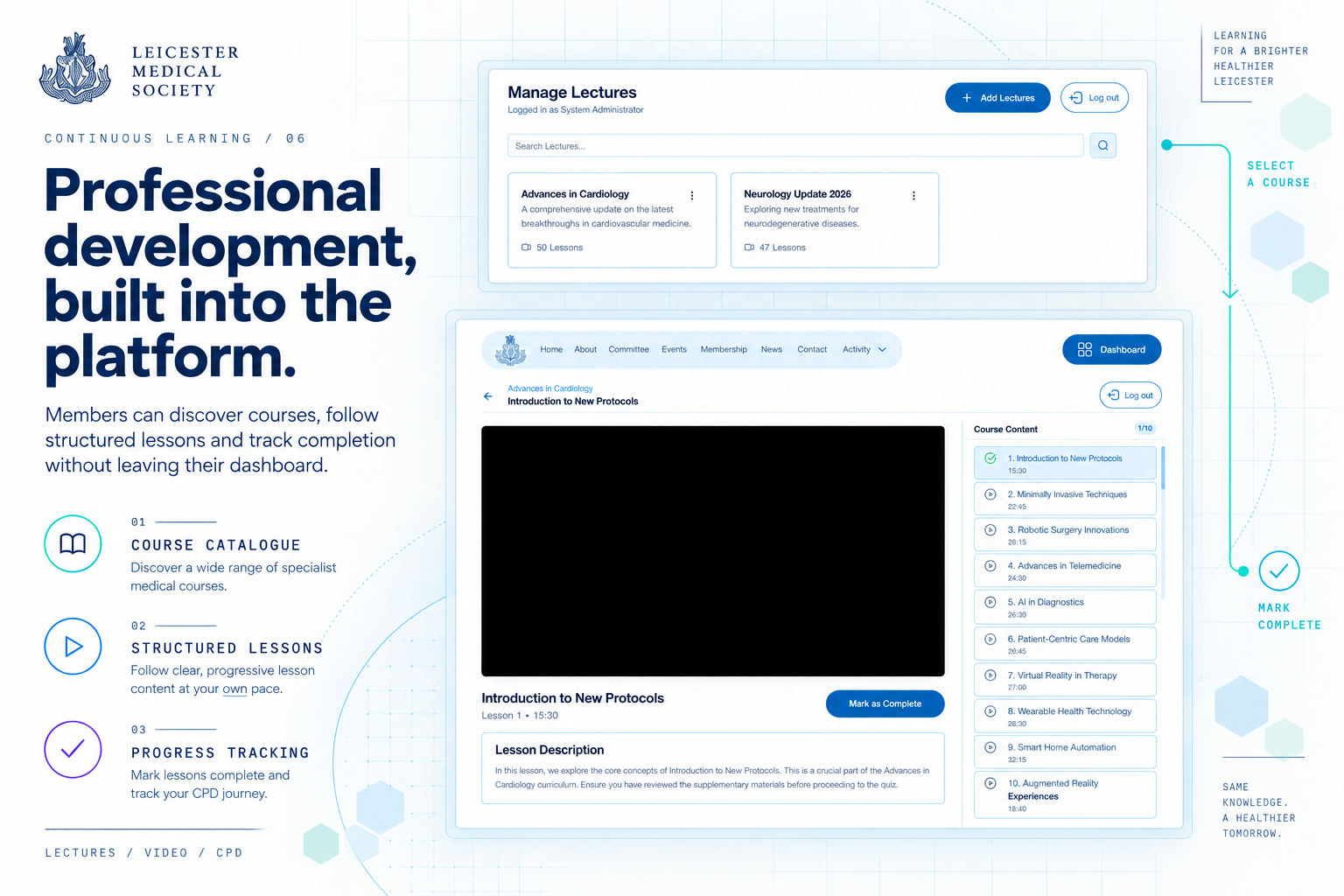 Leicester Medical Society online lecture platform with video lessons, course navigation and learning-progress tracking.