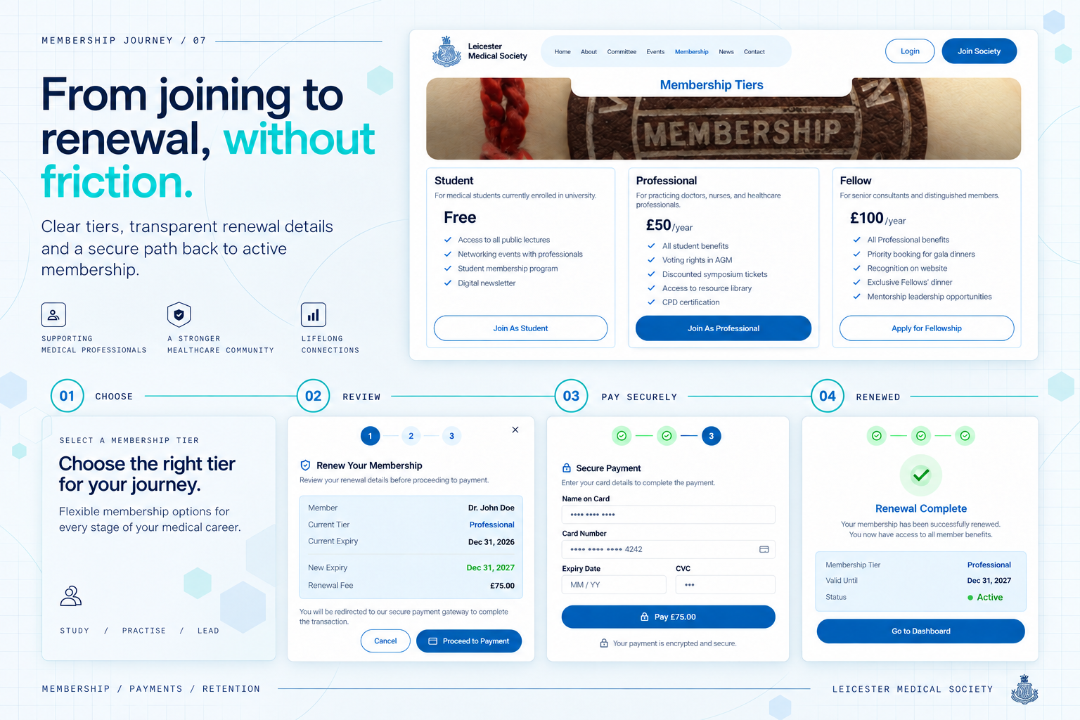 Leicester Medical Society membership tiers, renewal review and secure payment transition.