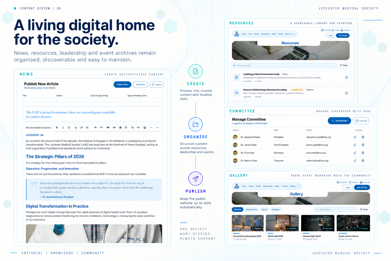Content-management workflows for Leicester Medical Society news, resources, committee profiles and gallery collections.