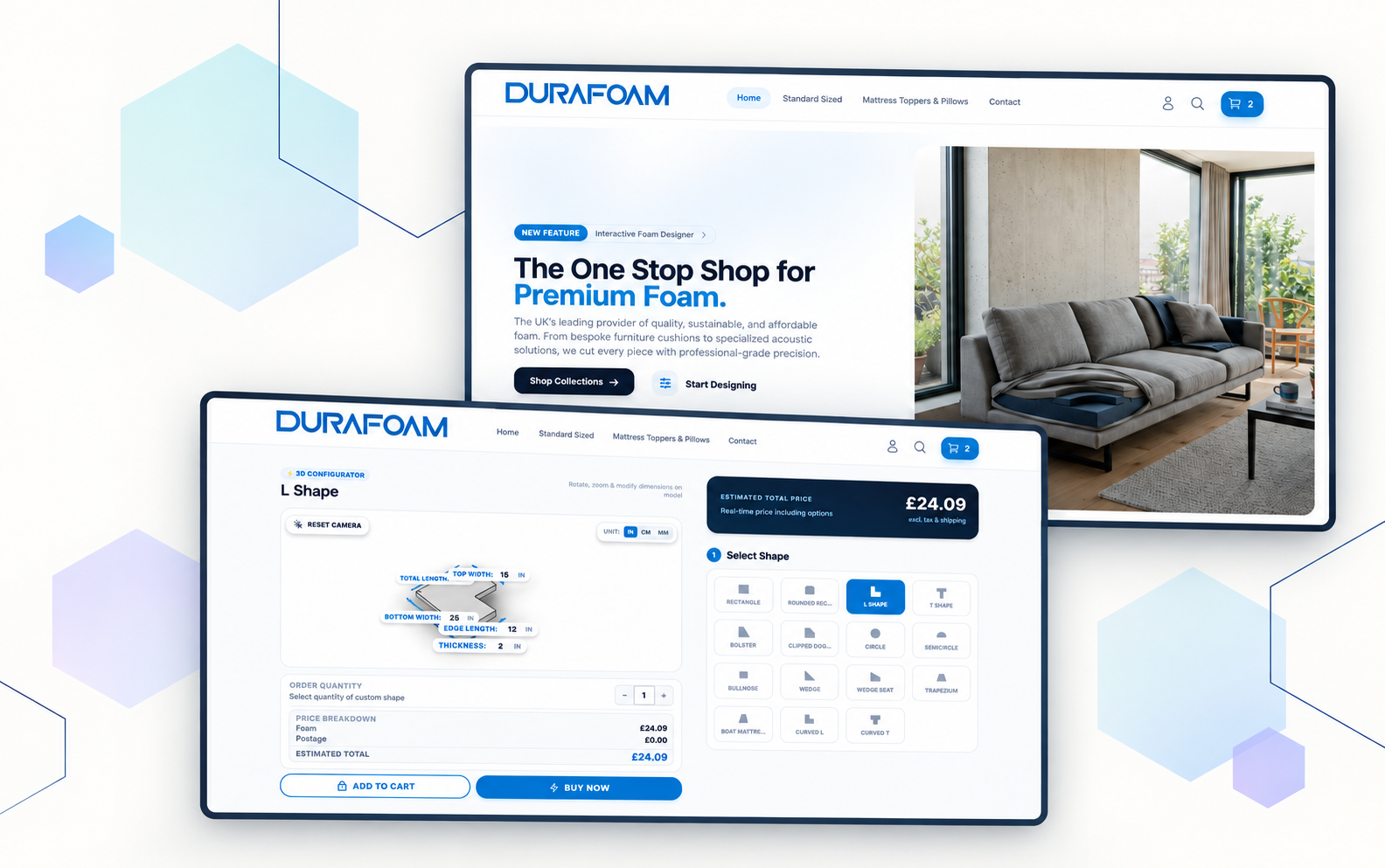 DURAFOAM custom 3D foam configurator and Shopify Hydrogen storefront developed by Sage Six