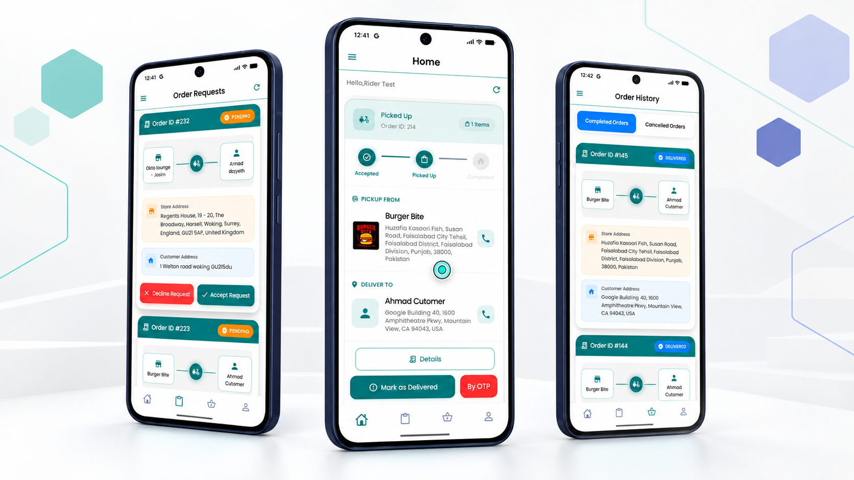 SPEEZU Rider workflow showing new delivery requests, active delivery, and completed orders.