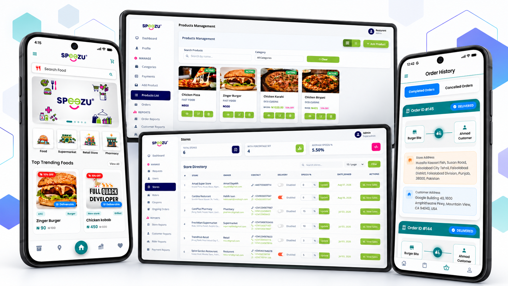 Closing showcase of the SPEEZU customer app, store product management, admin store control, and rider order history.
