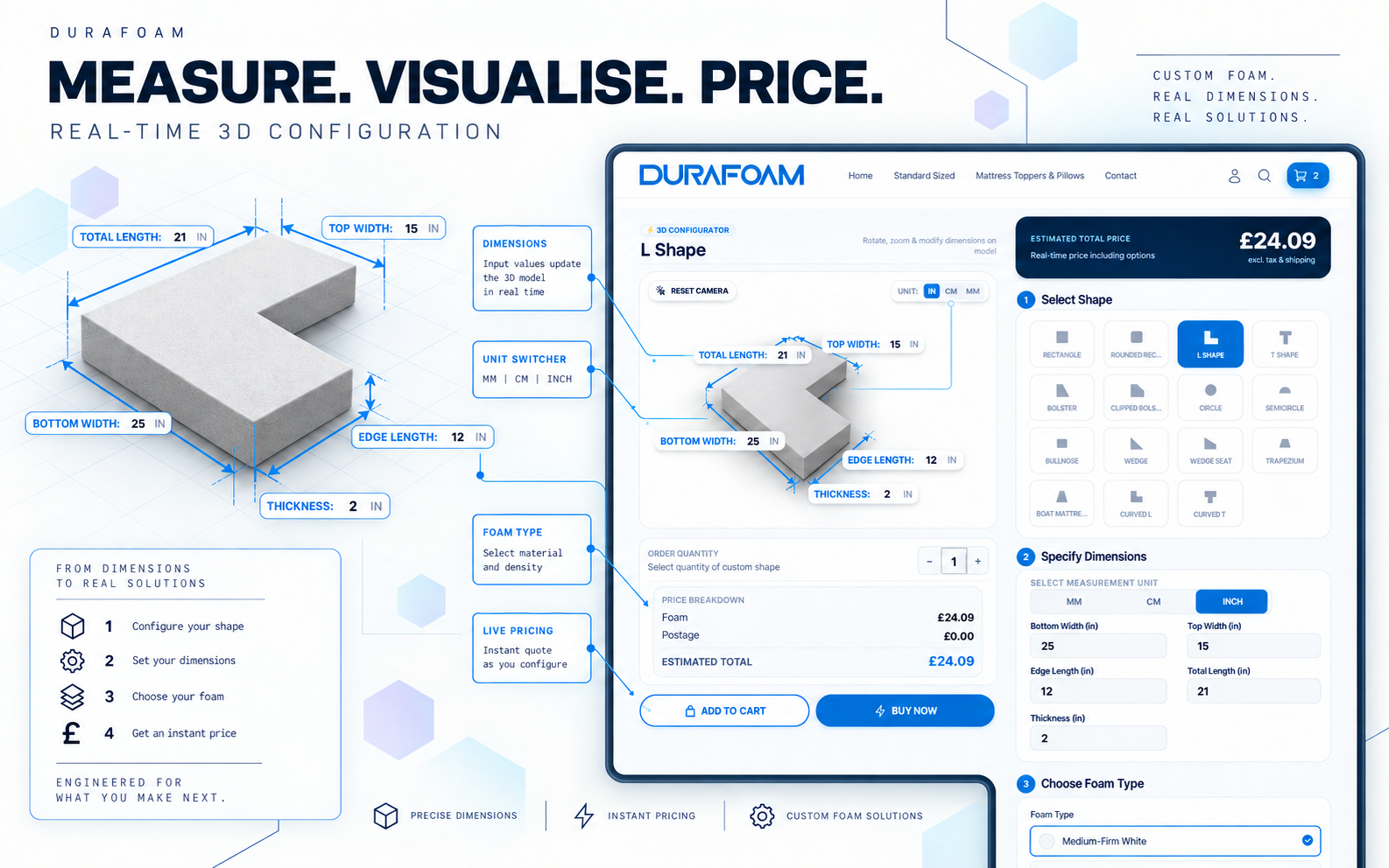 Interactive L-shaped foam configurator with dimensions, material selection and dynamic pricing