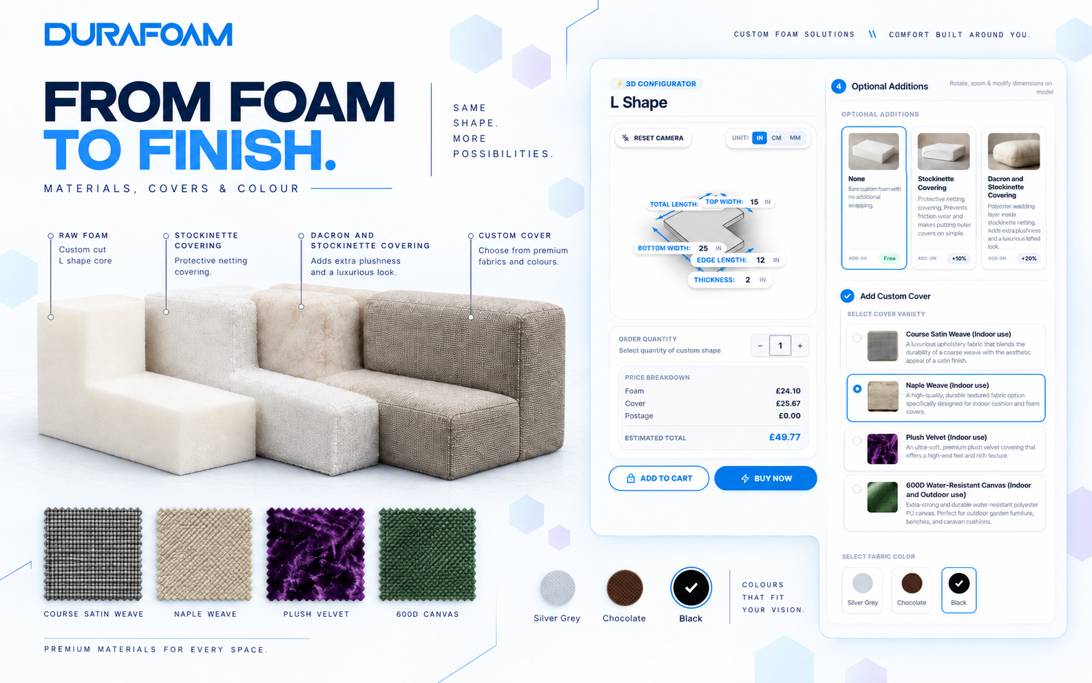 DURAFOAM foam materials, optional additions, custom fabrics and cover colours